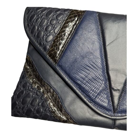 Vtg 1980s Navy Blue Croc Embossed Patchwork Leather Envelope Shoulder Bag - Picture 4 of 6